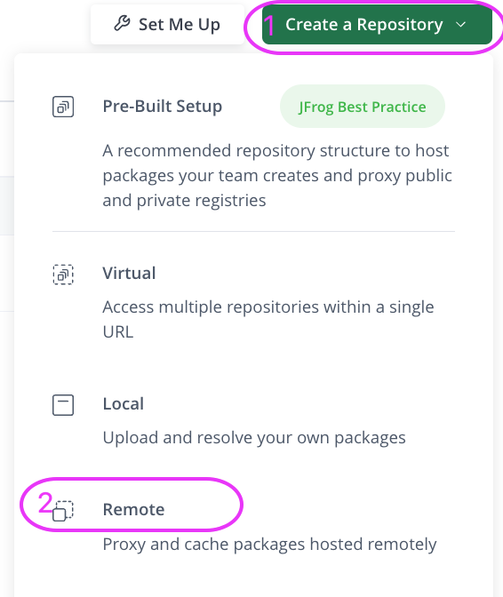 JFrog Artifactory showing the Create Repository dropdown menu with Remote option visible